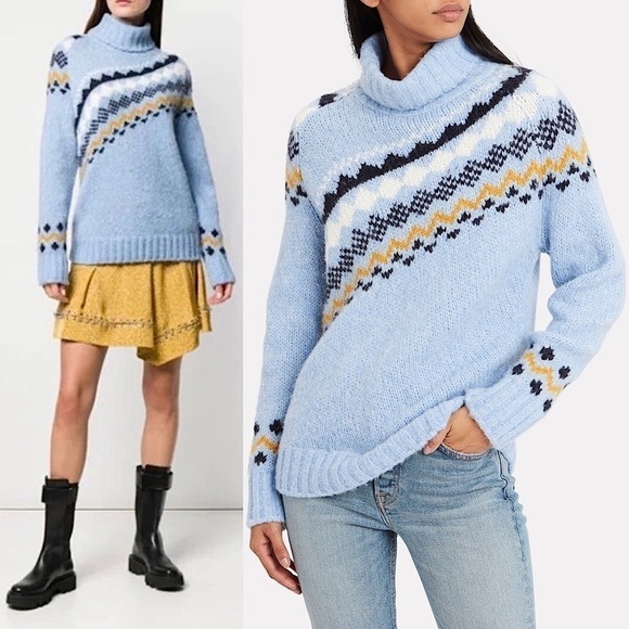 DEREK LAM Sweater Chunky Asymmetrical Fair Isle Knit Après-Ski Fall Turtleneck S - Picture 1 of 10